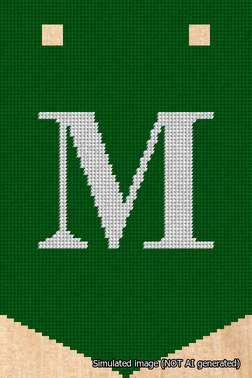 A simulated image of the stitched needlepoint design: Banner 18m Pointed M White on Green. Not A.I. generated.