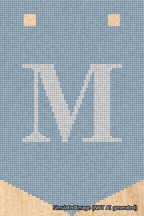 A simulated image of the stitched needlepoint design: Banner 18m Pointed M White on Light Blue. Not A.I. generated.