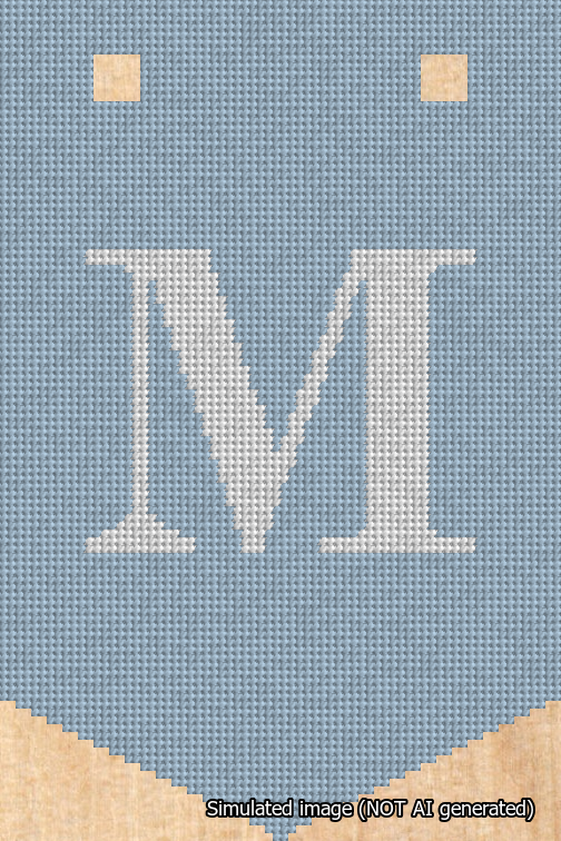 A simulated image of the stitched needlepoint design: Banner 18m Pointed M White on Light Blue. Not A.I. generated.