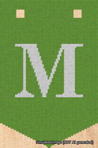 A simulated image of the stitched needlepoint design: Banner 18m Pointed M White on Light Green. Not A.I. generated.