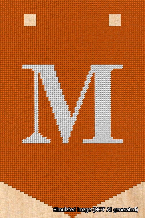 A simulated image of the stitched needlepoint design: Banner 18m Pointed M White on Orange. Not A.I. generated.