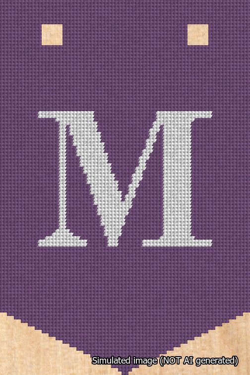 A simulated image of the stitched needlepoint design: Banner 18m Pointed M White on Purple. Not A.I. generated.