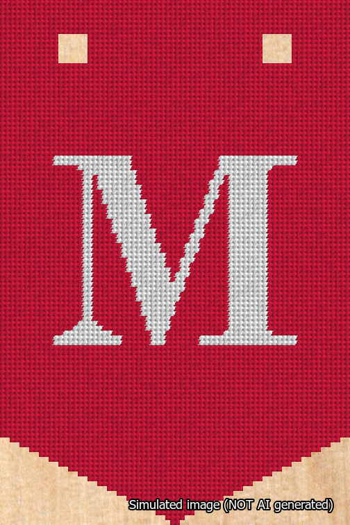 A simulated image of the stitched needlepoint design: Banner 18m Pointed M White on Red. Not A.I. generated.