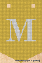 A simulated image of the stitched needlepoint design: Banner 18m Pointed M White on Yellow. Not A.I. generated.