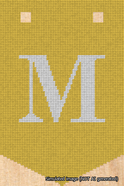 A simulated image of the stitched needlepoint design: Banner 18m Pointed M White on Yellow. Not A.I. generated.