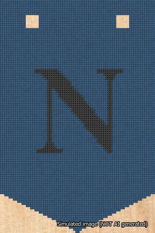 A simulated image of the stitched needlepoint design: Banner 18m Pointed N Black on Blue. Not A.I. generated.