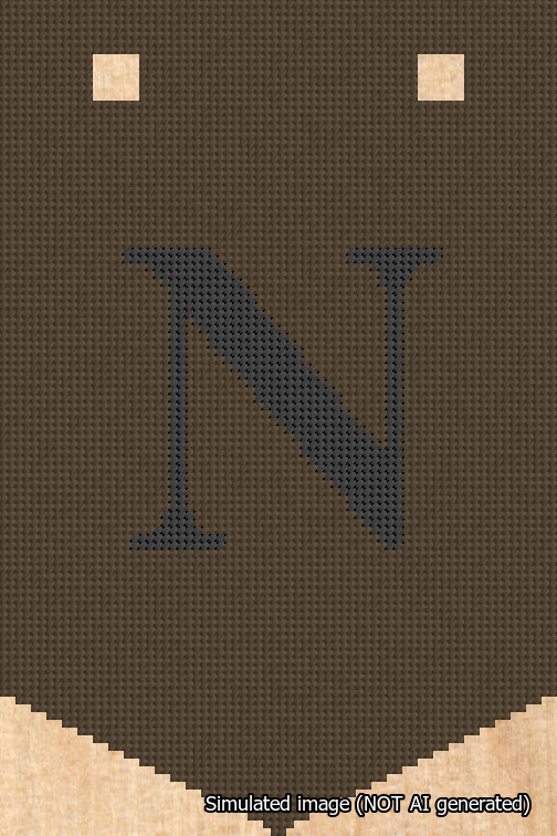 A simulated image of the stitched needlepoint design: Banner 18m Pointed N Black on Brown. Not A.I. generated.