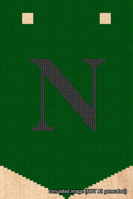 A simulated image of the stitched needlepoint design: Banner 18m Pointed N Black on Green. Not A.I. generated.