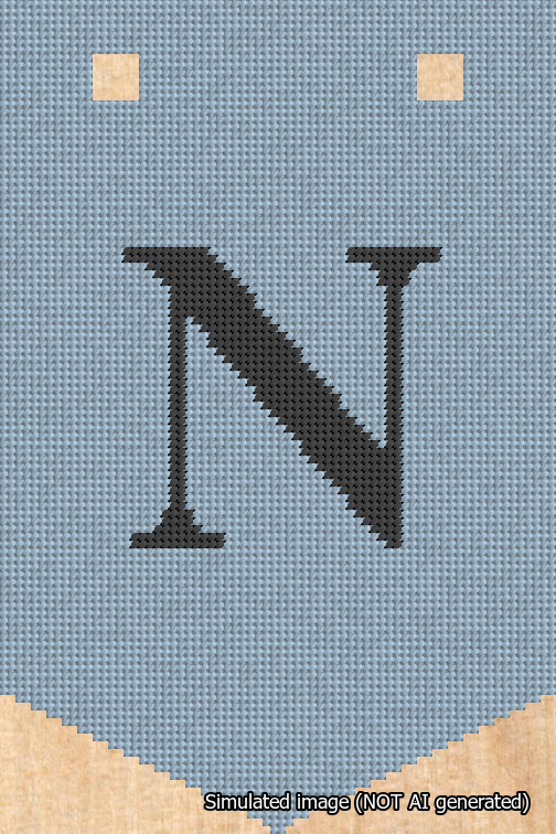 A simulated image of the stitched needlepoint design: Banner 18m Pointed N Black on Light Blue. Not A.I. generated.