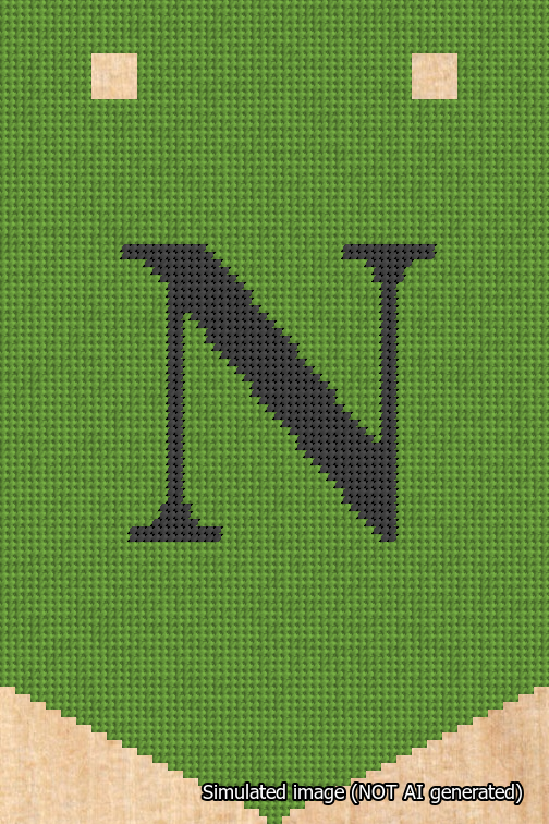 A simulated image of the stitched needlepoint design: Banner 18m Pointed N Black on Light Green. Not A.I. generated.
