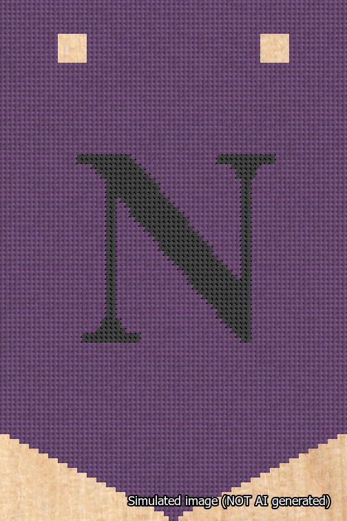 A simulated image of the stitched needlepoint design: Banner 18m Pointed N Black on Purple. Not A.I. generated.