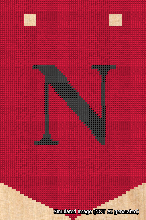 A simulated image of the stitched needlepoint design: Banner 18m Pointed N Black on Red. Not A.I. generated.