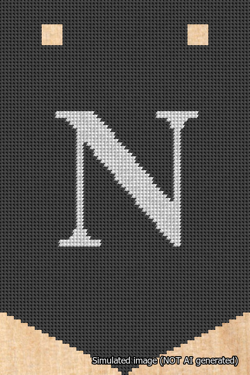 A simulated image of the stitched needlepoint design: Banner 18m Pointed N White on Black. Not A.I. generated.
