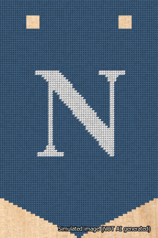 A simulated image of the stitched needlepoint design: Banner 18m Pointed N White on Blue. Not A.I. generated.