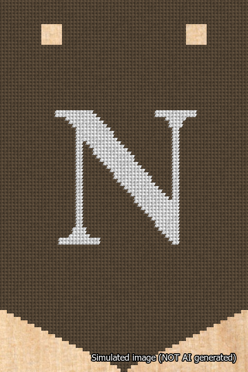 A simulated image of the stitched needlepoint design: Banner 18m Pointed N White on Brown. Not A.I. generated.