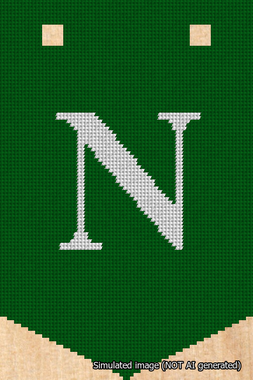 A simulated image of the stitched needlepoint design: Banner 18m Pointed N White on Green. Not A.I. generated.
