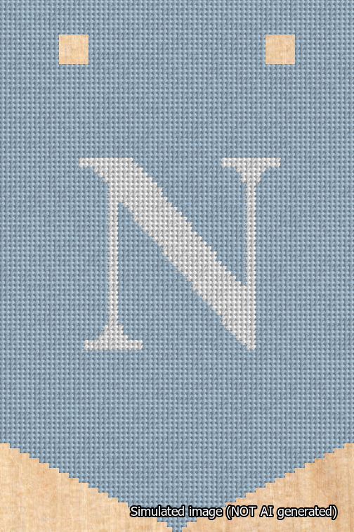 A simulated image of the stitched needlepoint design: Banner 18m Pointed N White on Light Blue. Not A.I. generated.