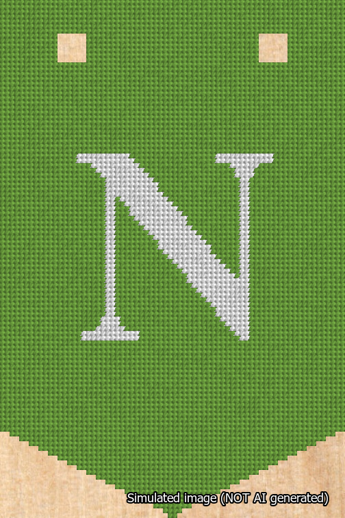 A simulated image of the stitched needlepoint design: Banner 18m Pointed N White on Light Green. Not A.I. generated.