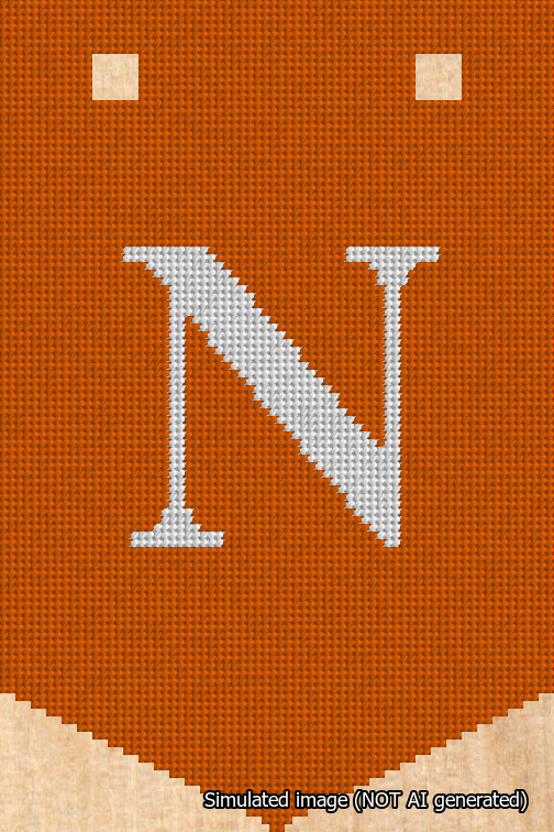 A simulated image of the stitched needlepoint design: Banner 18m Pointed N White on Orange. Not A.I. generated.