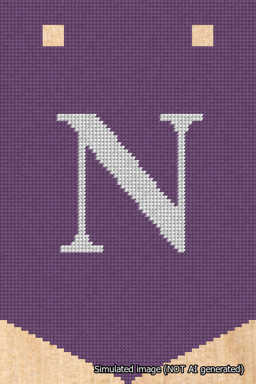 A simulated image of the stitched needlepoint design: Banner 18m Pointed N White on Purple. Not A.I. generated.