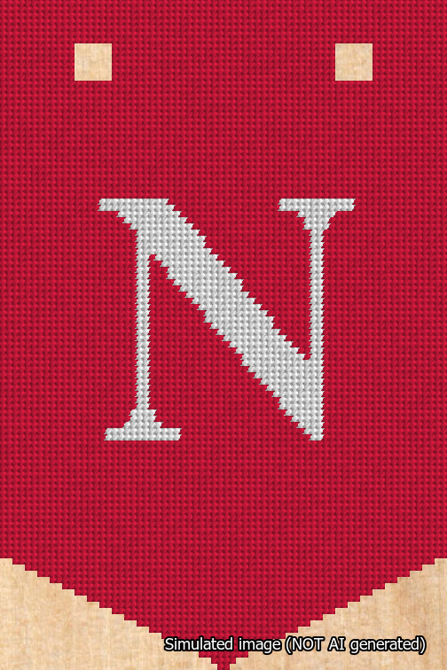 A simulated image of the stitched needlepoint design: Banner 18m Pointed N White on Red. Not A.I. generated.