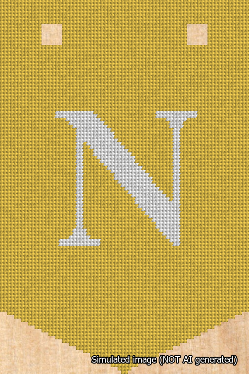 A simulated image of the stitched needlepoint design: Banner 18m Pointed N White on Yellow. Not A.I. generated.
