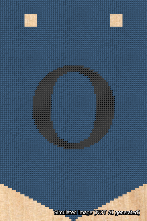 A simulated image of the stitched needlepoint design: Banner 18m Pointed O Black on Blue. Not A.I. generated.