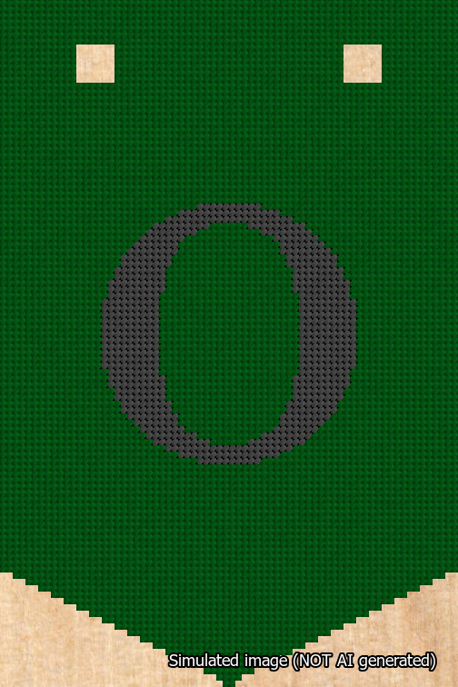 A simulated image of the stitched needlepoint design: Banner 18m Pointed O Black on Green. Not A.I. generated.