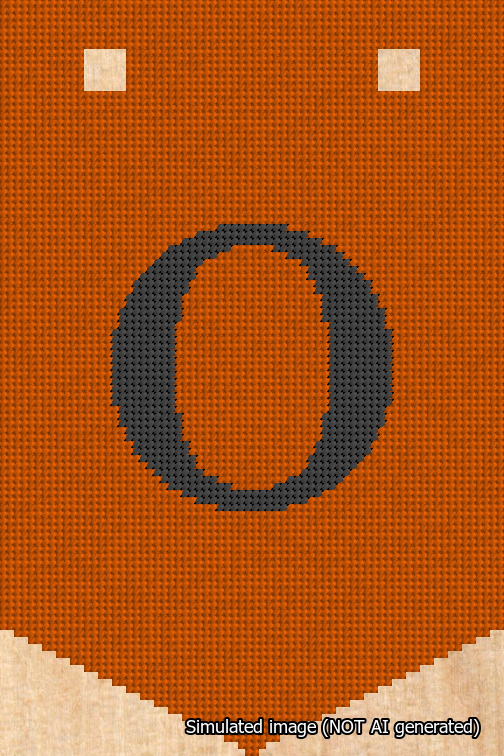 A simulated image of the stitched needlepoint design: Banner 18m Pointed O Black on Orange. Not A.I. generated.