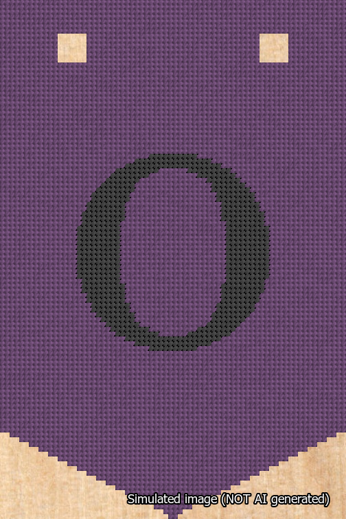 A simulated image of the stitched needlepoint design: Banner 18m Pointed O Black on Purple. Not A.I. generated.