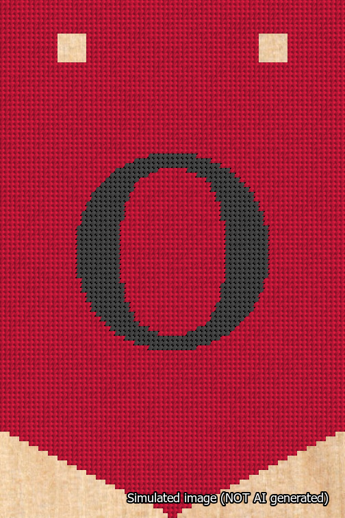 A simulated image of the stitched needlepoint design: Banner 18m Pointed O Black on Red. Not A.I. generated.