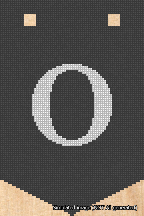 A simulated image of the stitched needlepoint design: Banner 18m Pointed O White on Black. Not A.I. generated.