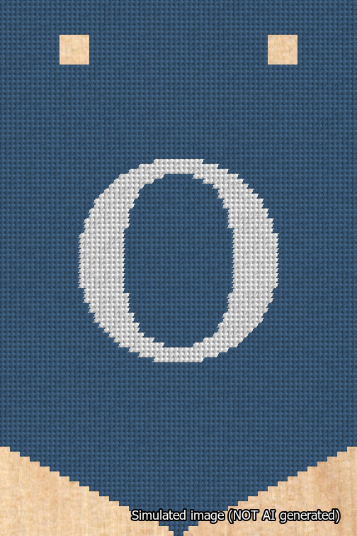 A simulated image of the stitched needlepoint design: Banner 18m Pointed O White on Blue. Not A.I. generated.