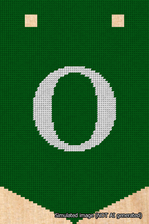 A simulated image of the stitched needlepoint design: Banner 18m Pointed O White on Green. Not A.I. generated.