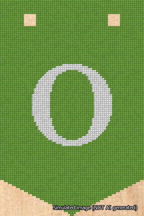 A simulated image of the stitched needlepoint design: Banner 18m Pointed O White on Light Green. Not A.I. generated.