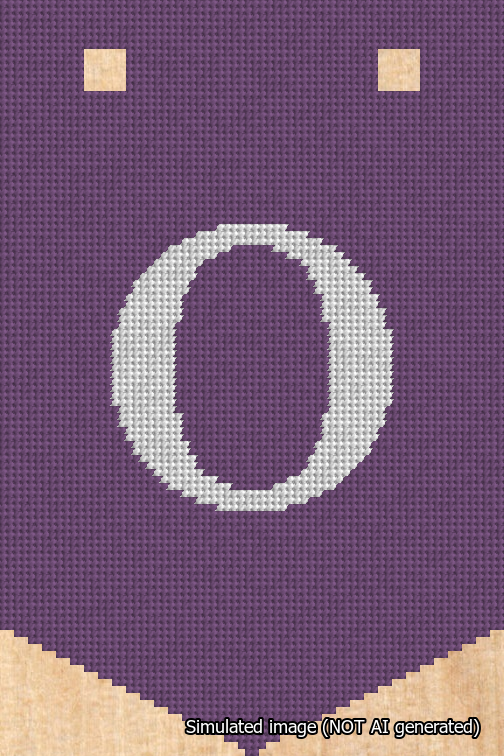 A simulated image of the stitched needlepoint design: Banner 18m Pointed O White on Purple. Not A.I. generated.