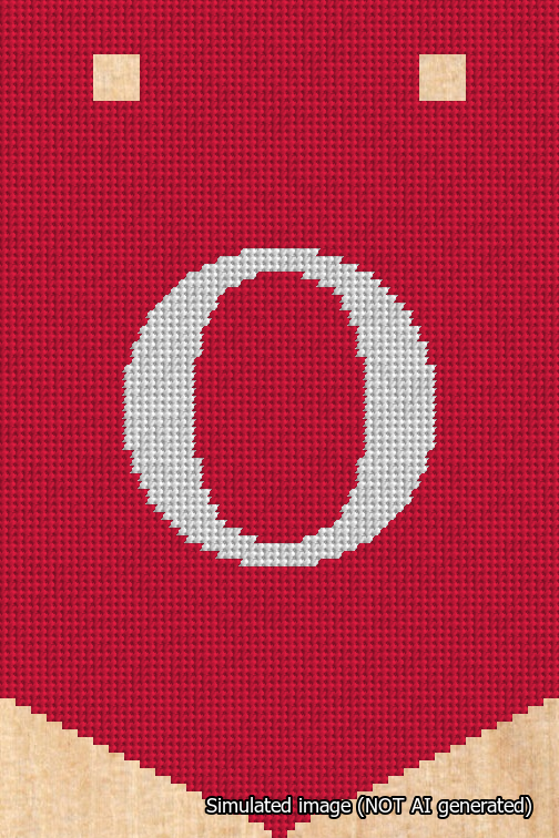 A simulated image of the stitched needlepoint design: Banner 18m Pointed O White on Red. Not A.I. generated.