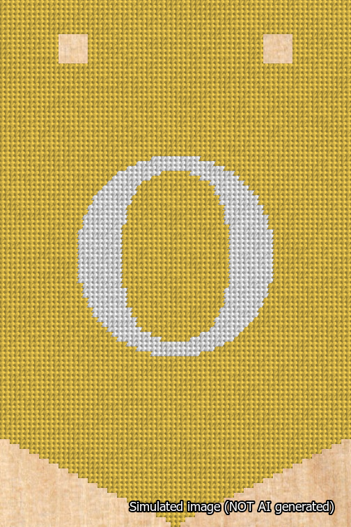 A simulated image of the stitched needlepoint design: Banner 18m Pointed O White on Yellow. Not A.I. generated.