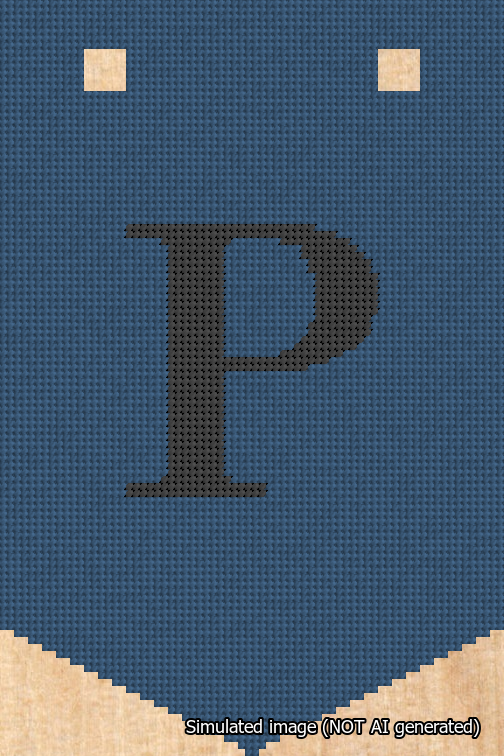 A simulated image of the stitched needlepoint design: Banner 18m Pointed P Black on Blue. Not A.I. generated.