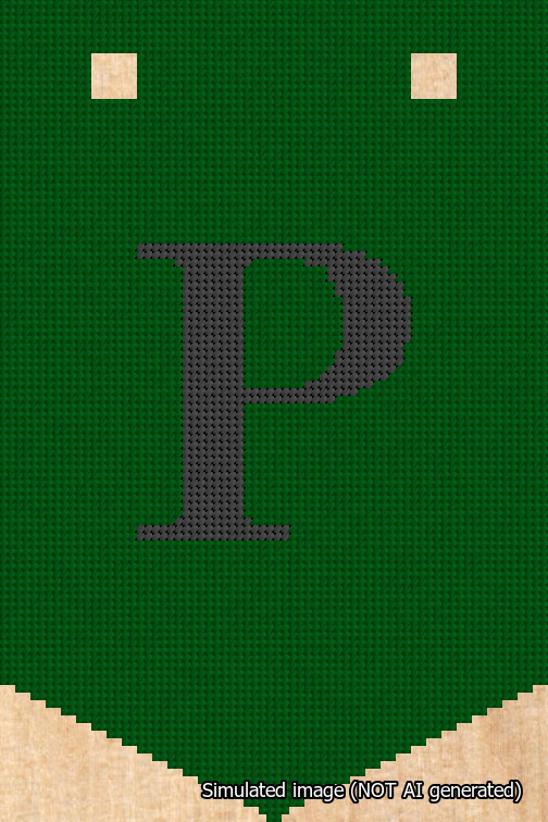 A simulated image of the stitched needlepoint design: Banner 18m Pointed P Black on Green. Not A.I. generated.