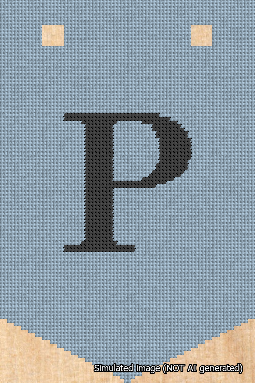A simulated image of the stitched needlepoint design: Banner 18m Pointed P Black on Light Blue. Not A.I. generated.