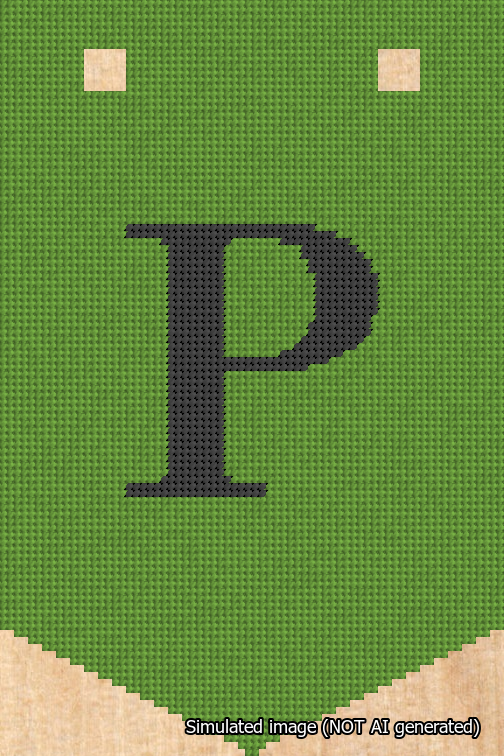 A simulated image of the stitched needlepoint design: Banner 18m Pointed P Black on Light Green. Not A.I. generated.