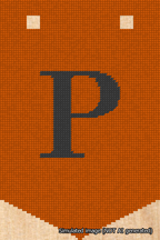 A simulated image of the stitched needlepoint design: Banner 18m Pointed P Black on Orange. Not A.I. generated.
