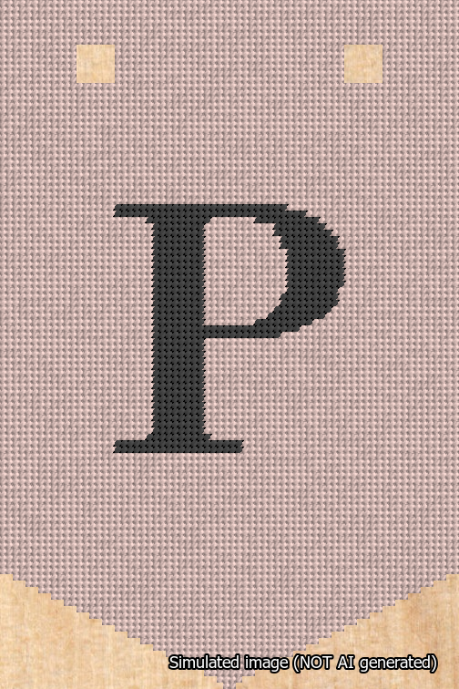 A simulated image of the stitched needlepoint design: Banner 18m Pointed P Black on Pink. Not A.I. generated.