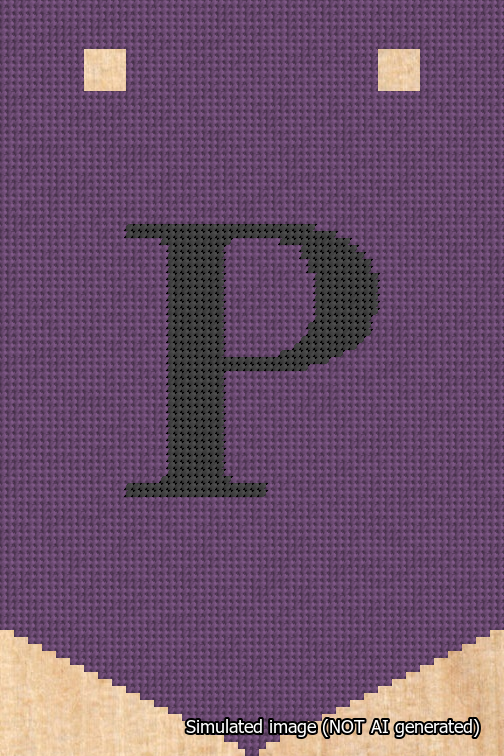 A simulated image of the stitched needlepoint design: Banner 18m Pointed P Black on Purple. Not A.I. generated.