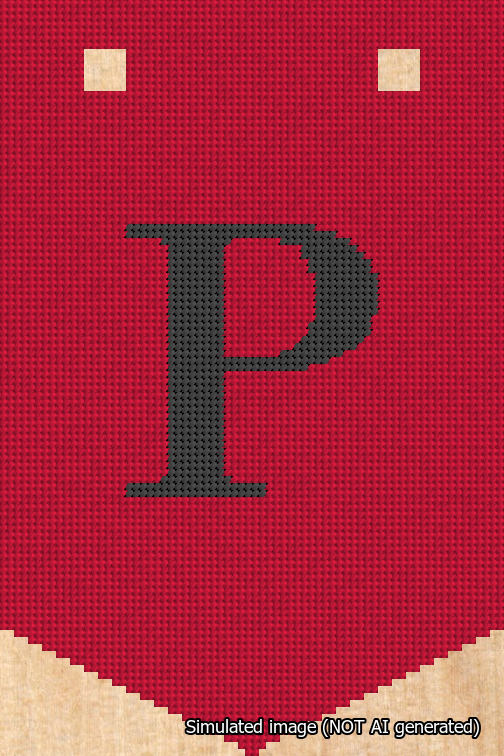 A simulated image of the stitched needlepoint design: Banner 18m Pointed P Black on Red. Not A.I. generated.