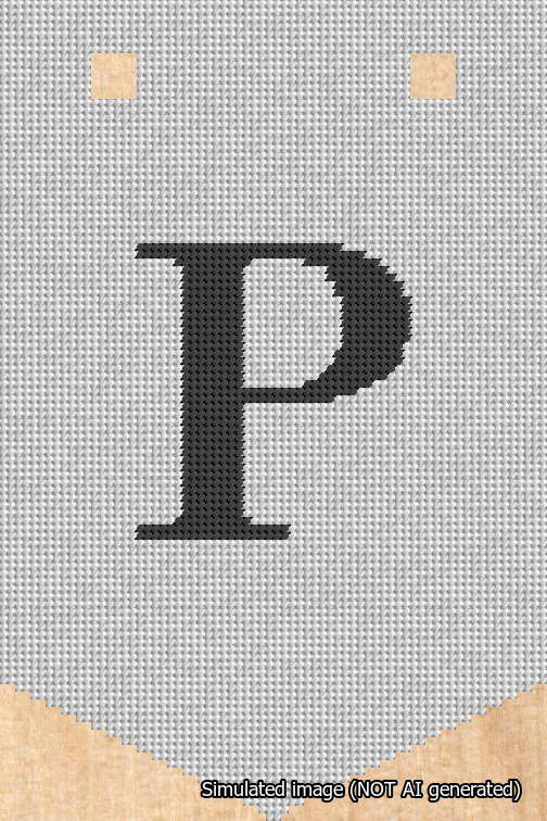 A simulated image of the stitched needlepoint design: Banner 18m Pointed P Black on White. Not A.I. generated.