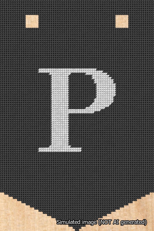 A simulated image of the stitched needlepoint design: Banner 18m Pointed P White on Black. Not A.I. generated.