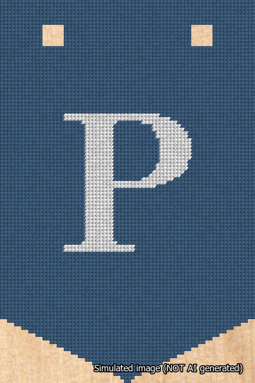 A simulated image of the stitched needlepoint design: Banner 18m Pointed P White on Blue. Not A.I. generated.