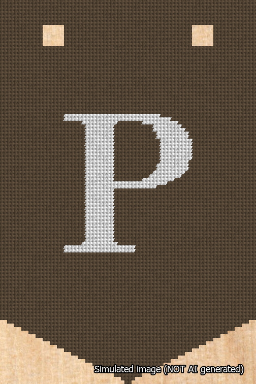 A simulated image of the stitched needlepoint design: Banner 18m Pointed P White on Brown. Not A.I. generated.